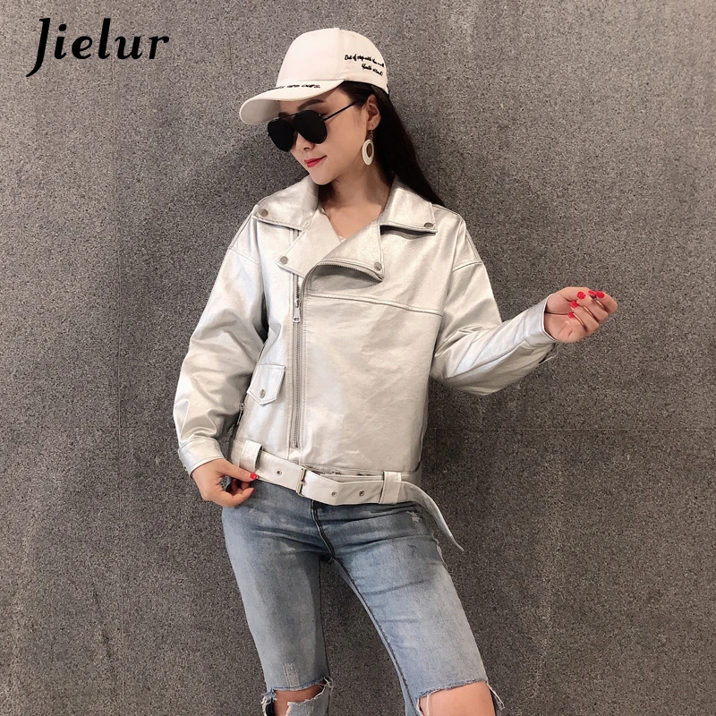 

Jielur 2019 Autumn New Women Leather Jacket Soft PU Cool Solid Color Winter Coat Femme Short Zipper Long Sleeve Jacket M-L