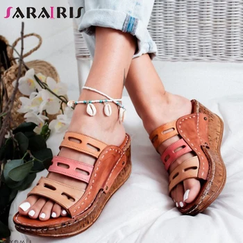 

SaraIris Retro mixed-color Platform Slides Women Comfy Summer Wedges Slippers Ladies Classic Summer slip-on Sewing Shoes