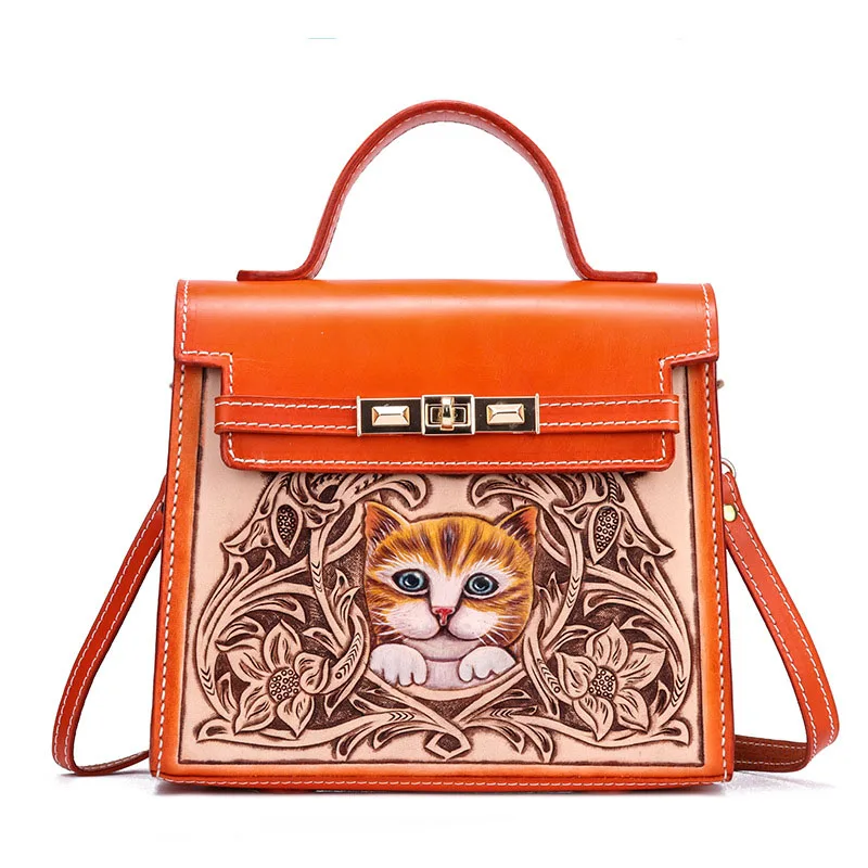 

Famous brand high-grade original women's handbag handmade first layer cowhide carved cat pattern handbags bag women