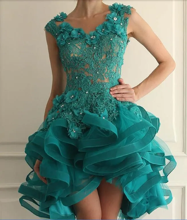 Green Cocktail Dresses Sheath Cap Sleeves Short Mini Hi Low Tulle Lace Pearls Party Homecoming Dresses Customized
