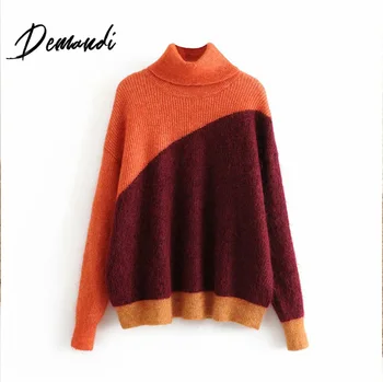 

DEMANDI girls knitting sweater autumn/winter women's new loose and matching color mohair turtleneck knitting sweater