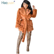 HAOYUAN, пальто из искусственного меха кролика, женская одежда больших размеров, отложной воротник, длинный рукав, мягкая флисовая зимняя куртка, Толстая теплая верхняя одежда