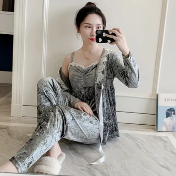 

Spring Autumn Sleep Set Warm Velvet Pijamas Suit Solid Gray Lady Bath Gown Velour 3pcs Strap Top&shorts Casual Wedding Robe Set