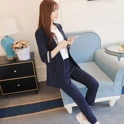 Calças de negócios ternos ol 2 peça define 2021 outono elegante duplo breasted listrado blazer jaqueta & zíper calças terno para mulher conjunto