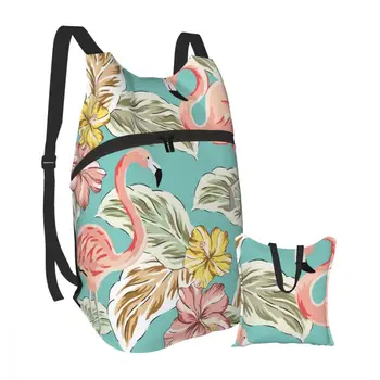 

Packable Backpack Foldable Outdoor Folding Handy Travel Bag for men women Tropical Pink Flamingo Birds Palm Leaves
