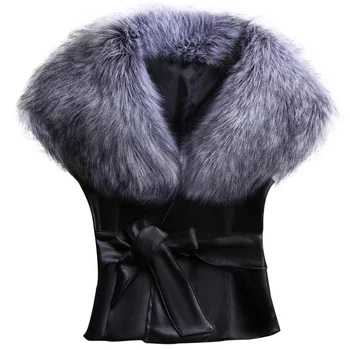 

Women Faux Fur VestStylish Fluffy Sleeveless Coat Leather Lace Up Jacket With Faux Fur Collar Female Outwear Vest