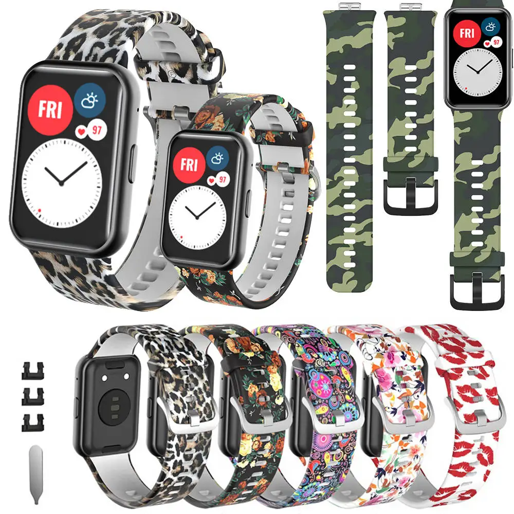 

Waterproof Silicone Watchband For Huawei Watch Fit Strap SmarBand Wriststrap 2021 bracelet correa printing Accessories with tool