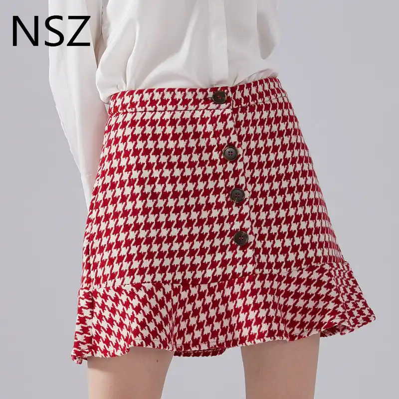 NSZ Women Houndstooth Tweed Frill Skirt 