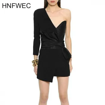 

Dress Deep V Neck One Shoulder Long Sleeve Summer Dresses Irregular Vintage Party Dresses Slim Thin Black 2019 E154