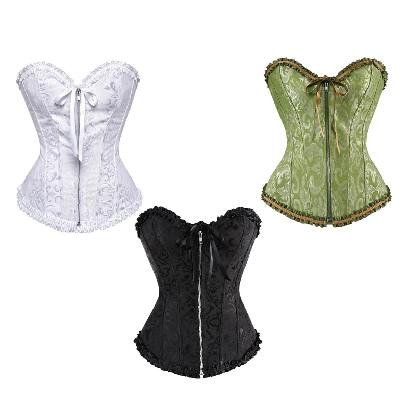 

Corsets And Bustiers Tops Sexy Women Green White Black White Brocade Corset Zip Vintage Style Corselet Overbust Ladies