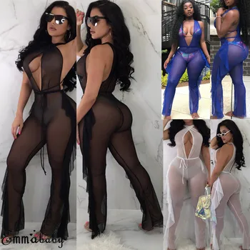 

New Sexy Fashion Women Lady Bikini Cover Up Jumpsuit Romper Playsuit Mesh Sheer Bodycon Beach Plus Size