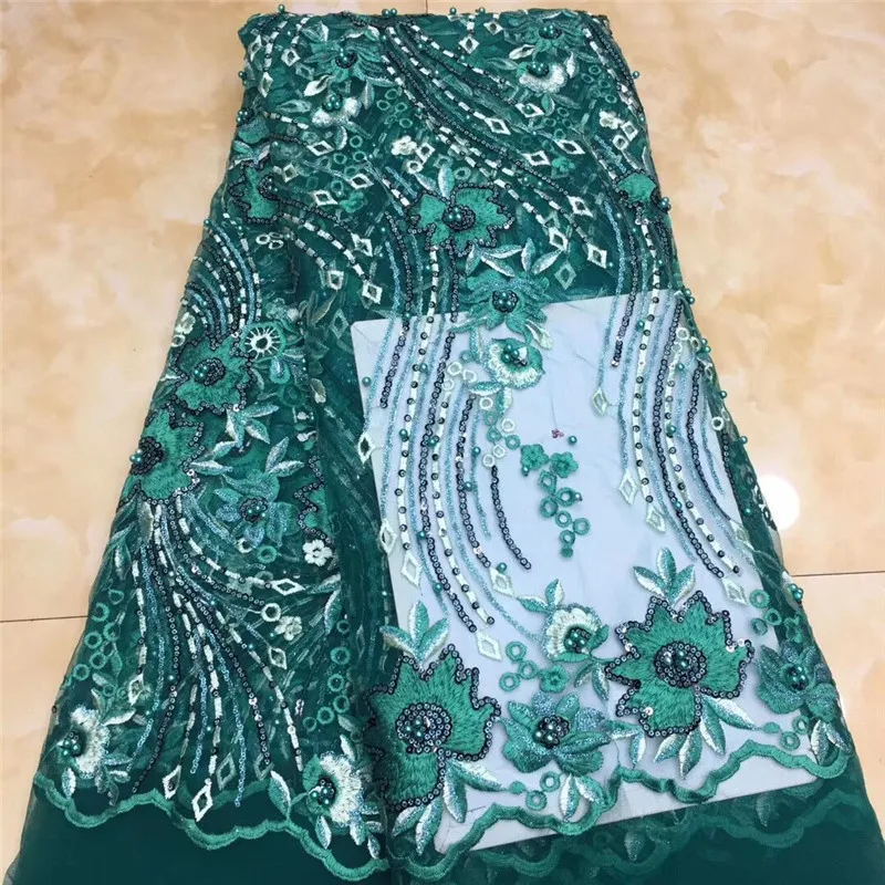 French Sequins Net Lace Fabric 2020 green African Tulle High Quality Nigerian beads Embroidered Wedding | Дом и сад