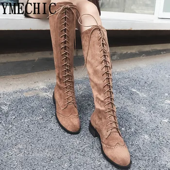 

YMECHIC Medium Chunky Heels Motorcycle Boots Female Flock Leather Cross Tied Knee High Ladies Knight Boots Shoes Woman Winter
