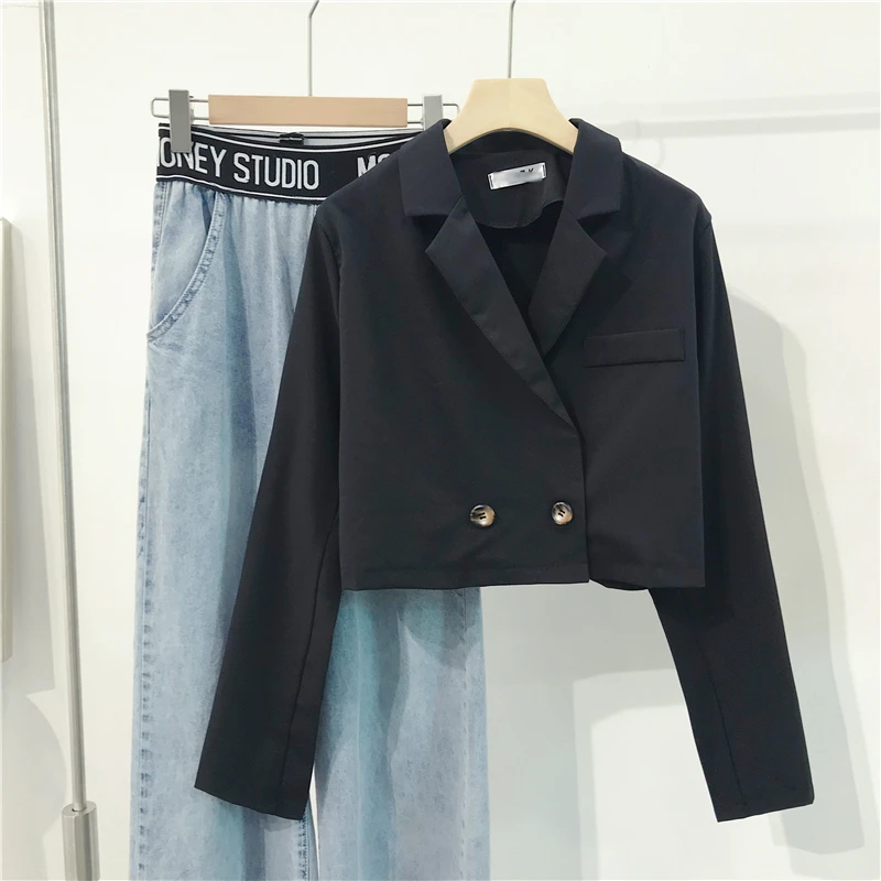 Woherb корейский укороченный блейзер для женщин 2019 Осенняя тонкая куртка с высокой талией двубортное офисное Женское пальто повседневные