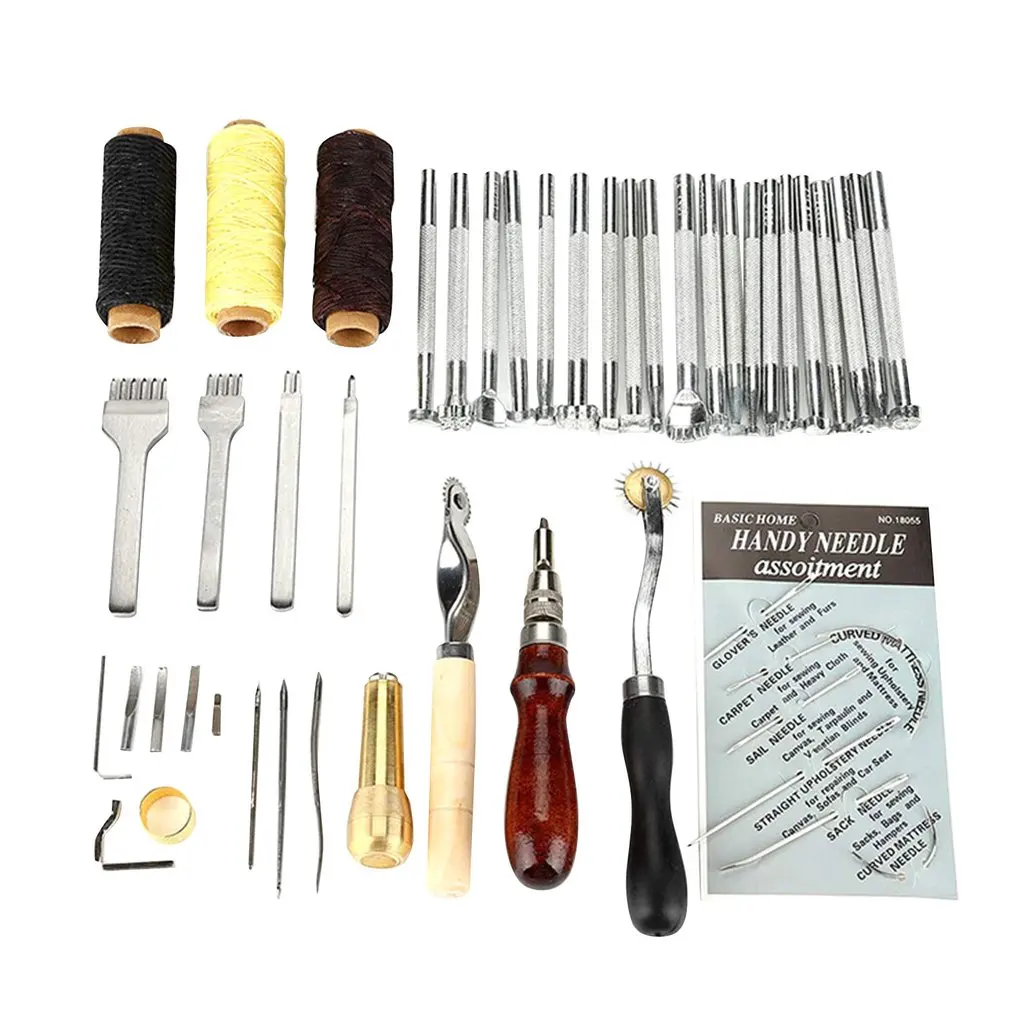 

48PCS Leather Craft Tools Kit DIY Hand Stitching Sewing Carving Work Punch Saddle Leathercraft Accessories for Leather Working