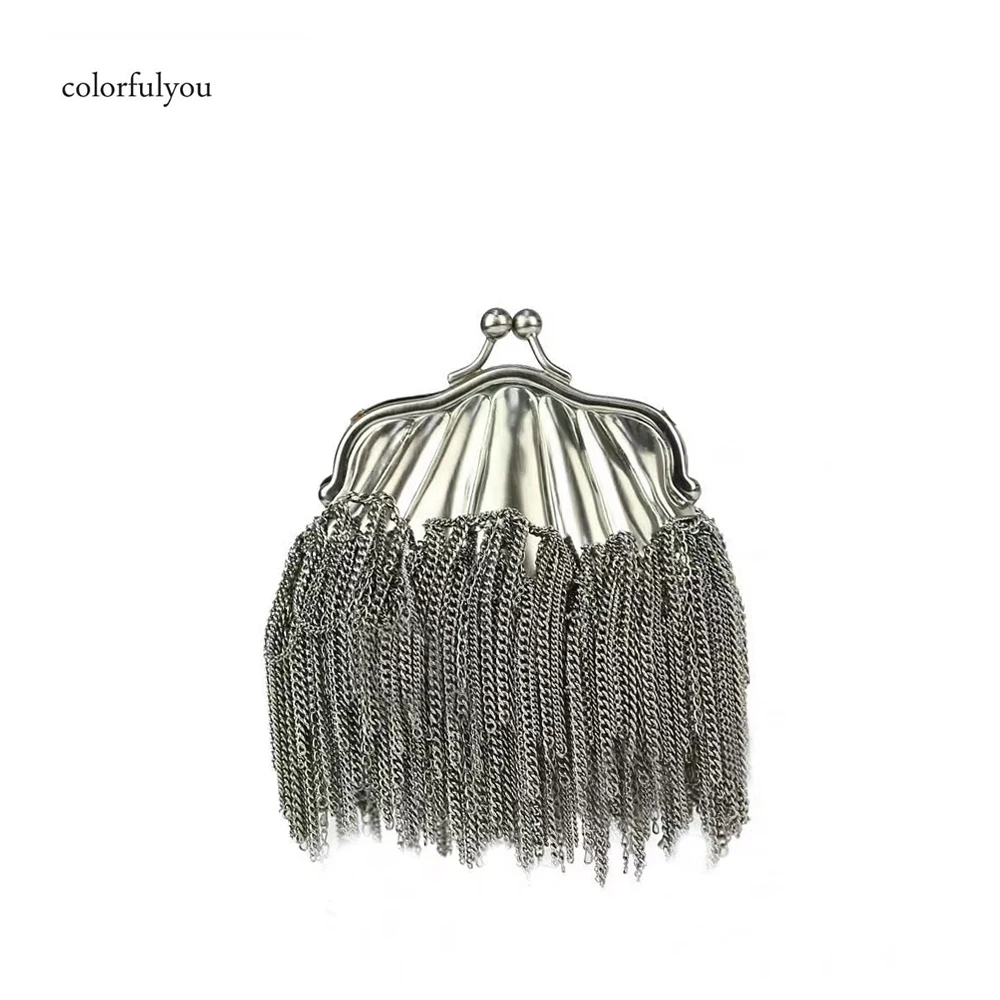 

Shell-shaped tassel bag women silvery Chain Shoulder Bag mini shell bag fashion women clutch bag Dinner party handbag Purse
