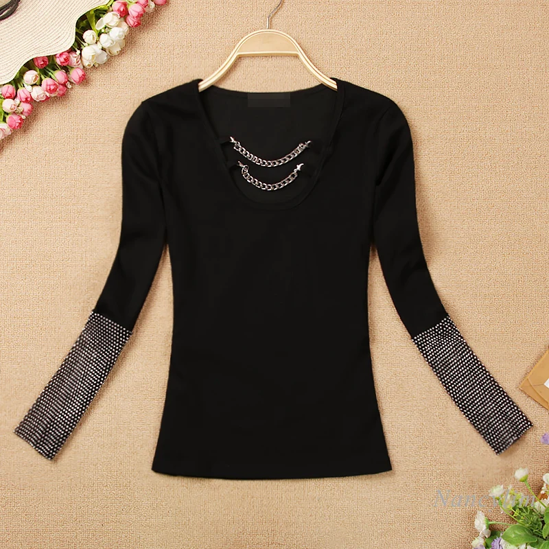 

Chain Neck Tshirt for Women Diamond Long Sleeve Spring and Autumn Korean Style All-Matching Slim Fit Black Tops White