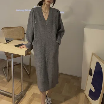 

Quality Korean Cold Shoulder Zip Up Long Sleeve V Neck Thicken Autumn Winter Tops Ladies Oversized Casual Knitted Sweater Dress