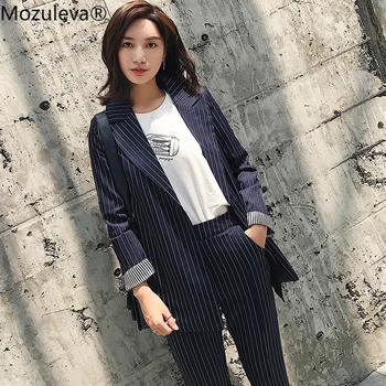

Mozuleva Casual 2 Pieces Set Striped Women Pant Suit One Button Notched Blazer & Elastic Waist Pencil Pant OL Style Female Suits