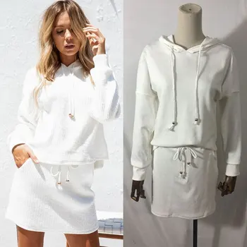 

Sexy Female Spring And Autumn Fashion Women's Two Piece Set Solid Knitted Hoodie Sweater Dress Set Casual 2 Piece Set Women