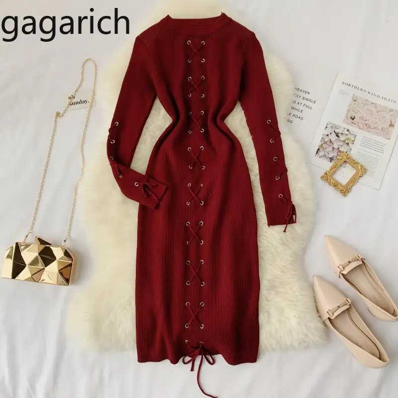 

Gagarich Women Dress 2019 New Autumn Winter Bottom Long Sleeve Solid Bodycon Belt Trimming Elegant Stretch Long Ladies Dress