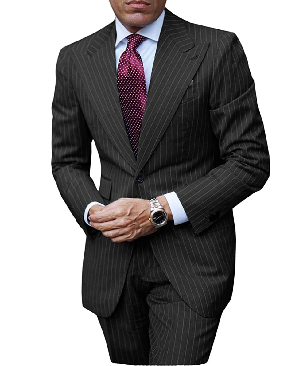 SOLOVEDRES Classic Fit Men's Pinstripe Suits 2 pieces Notch Lapel Regular Fit Tuxedos Groomsmen For Wedding Black (Blazer+Pants)