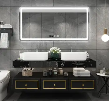 

Modern simple double-basin bathroom cabinet combination light luxury platform basin intelligent toilet marble mirror cabinet sin