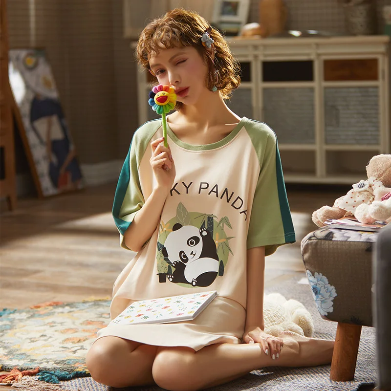 Summer Night Dress Women Plus Size Nightgown Cartoon Print Sleepshirts Short-sleeves Nightie Nightdress Cotton Sleepwear