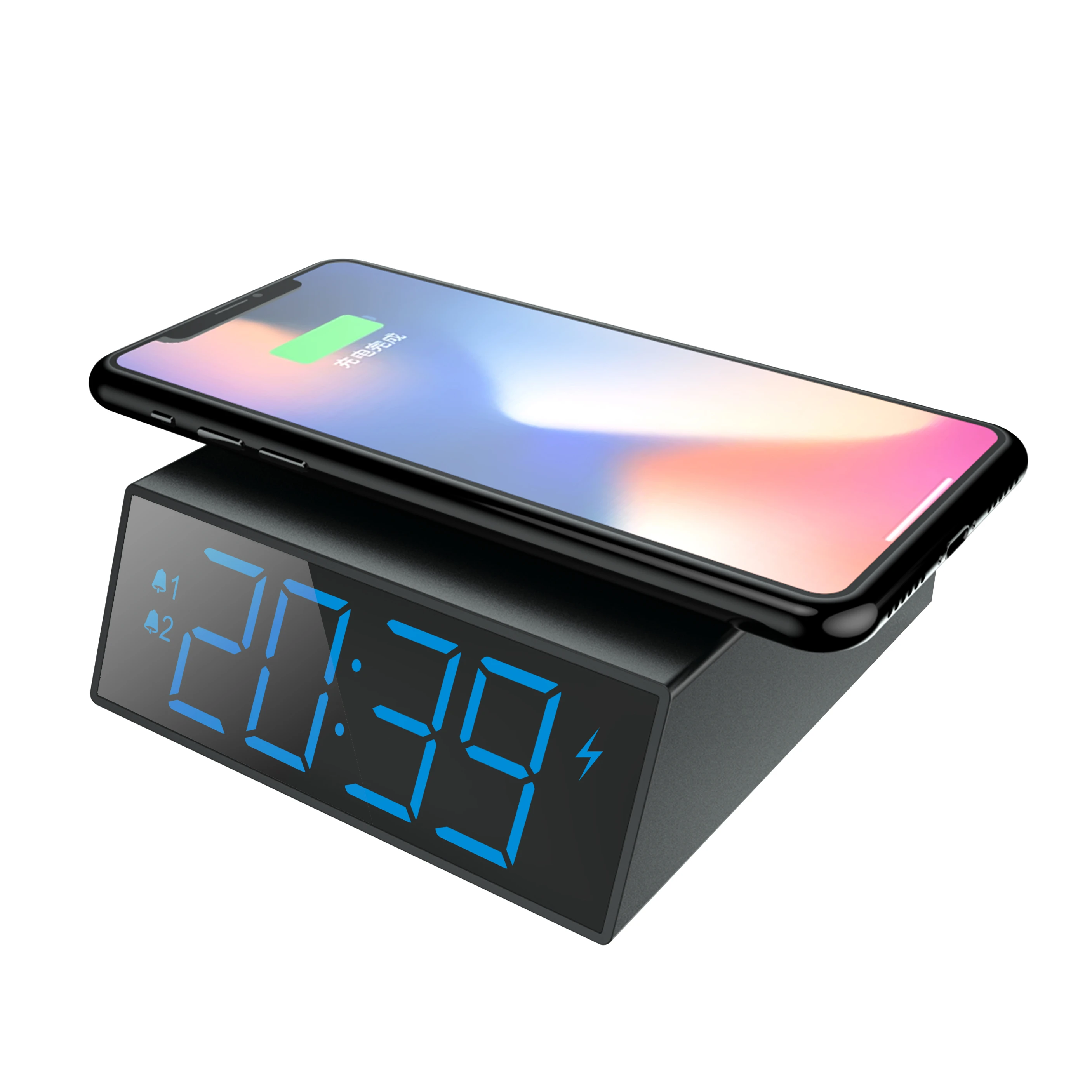 

Desktop electric LED alarm clock with snooze Modern alarm clock with wireless charger Led dimming clock