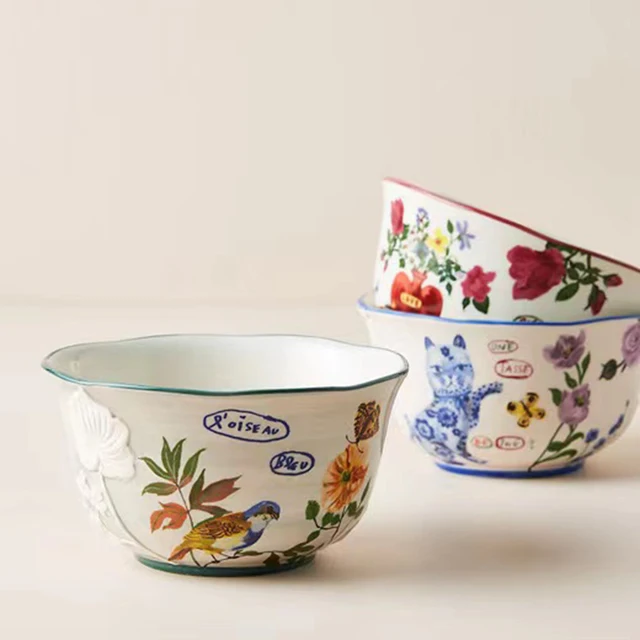 Embossed flower and plant ceramic Home breakfast cereal bowl