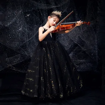 

Tick Tok Children's Dress Evening Girl's Princess Dress Pompous Yarn Black Model Walk Show Piano Performance Dress Little Girl