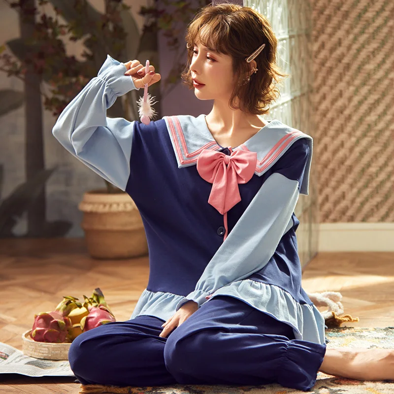 

Пижамный комплект Женский из чистого хлопка, элегантный кардиган с длинным рукавом и бантом, одежда для сна, милая Пижама, весна-осень