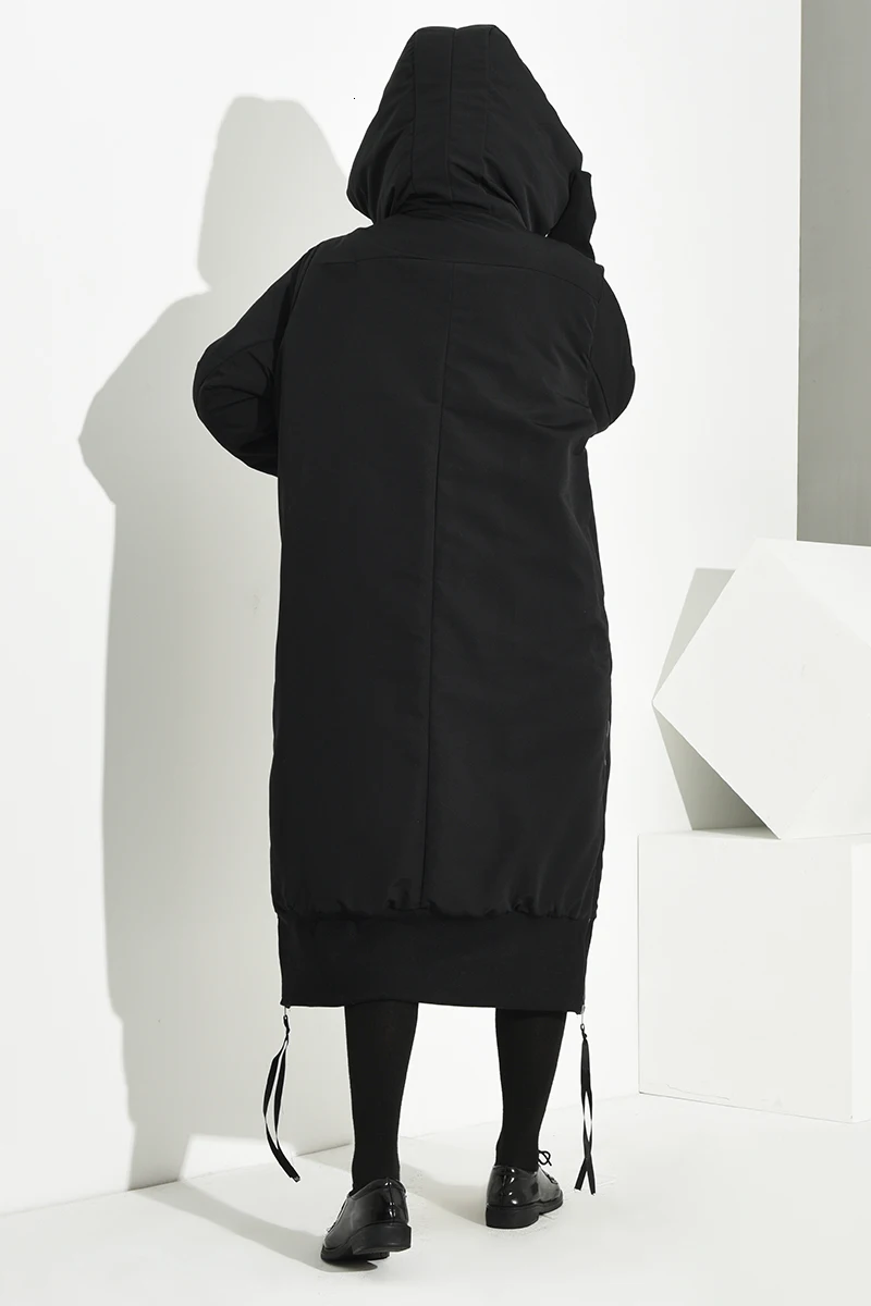 [EAM] пальто с капюшоном и боковой молнией, большой размер, с хлопковой подкладкой, с длинным рукавом, свободный крой, женские парки, модная новинка, Осень-зима, 1K673