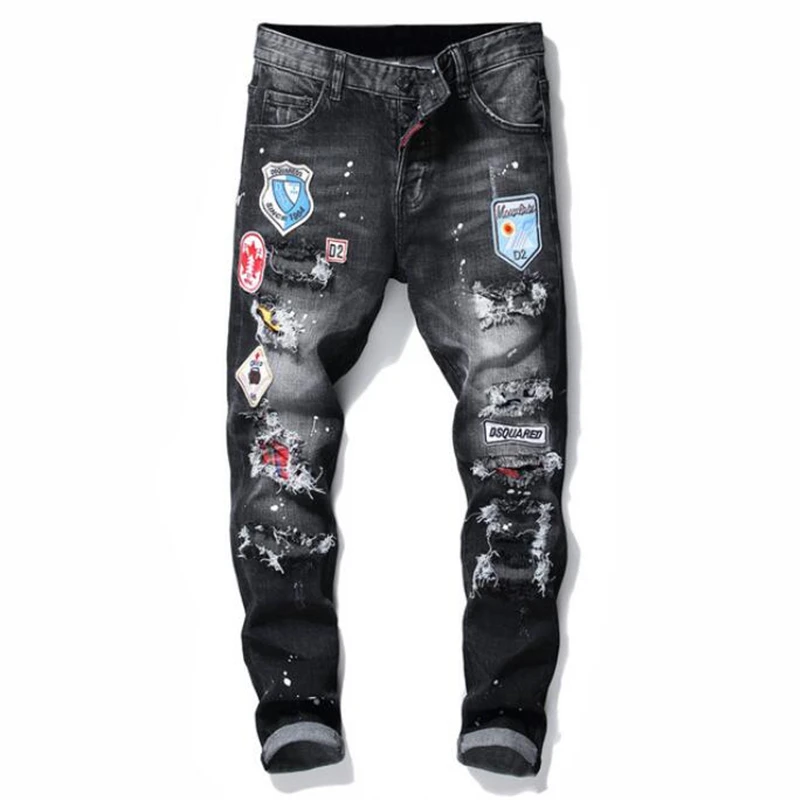 

Harajuku New dsq Streetwear Washed Frayed Patch Embroidered Eagle Embroidered Men's Slim Fit Hip Hop Casual Stretch Jeans