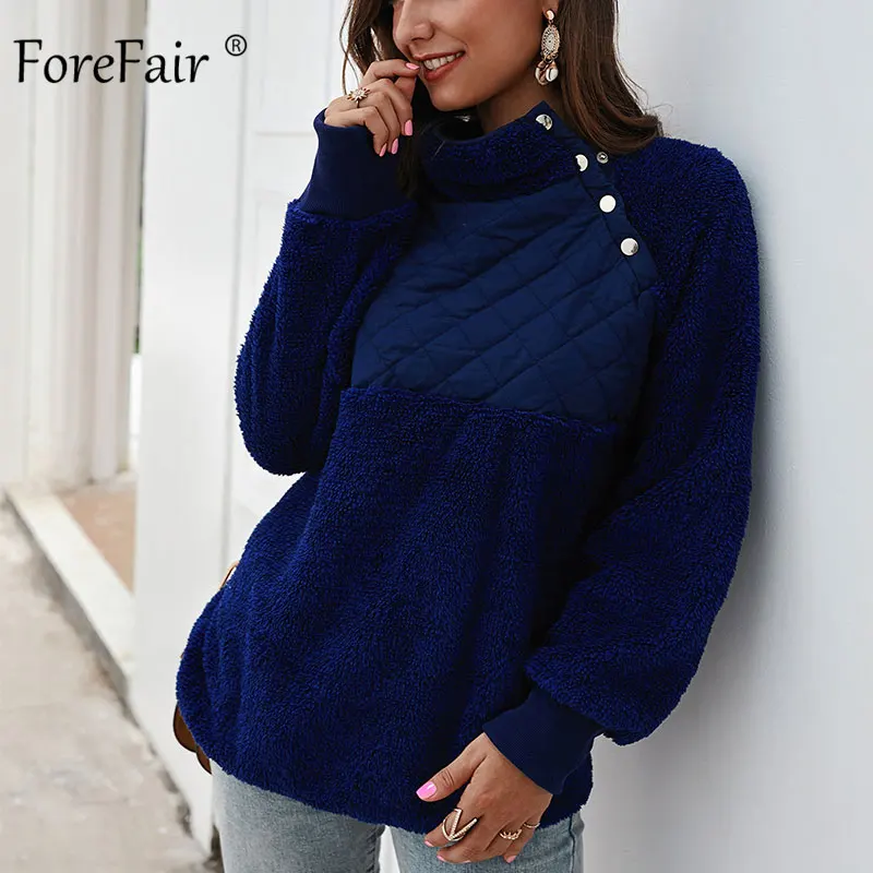Forefair флисовая толстовка с капюшоном для женщин зима Кнопка Лоскутная Водолазка женская размера плюс теплый искусственный свитер с мехом - Цвет: Navy Blue Sweatshirt