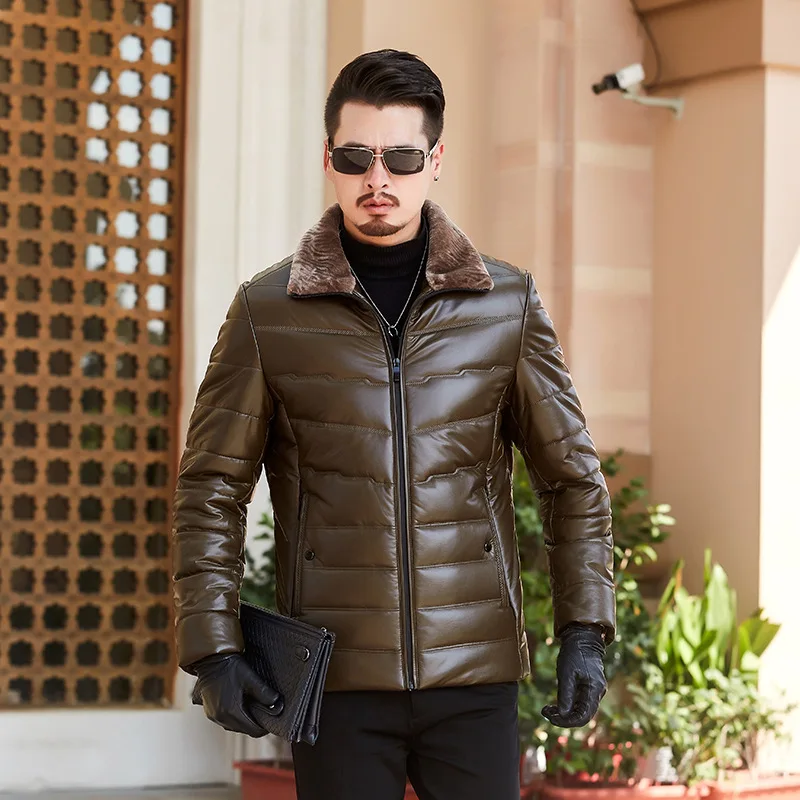 Зимняя мужская куртка, новинка, толстая, из искусственной кожи, мужская, деловая, повседневная, ветрозащитная, теплая, с отворотом, на молнии, мужская куртка - Цвет: brown