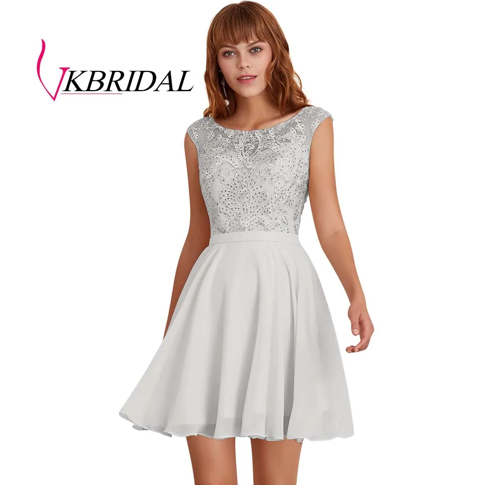 VKBRIDAL, платья для выпускного вечера цвета шампанского, новинка, шифоновое кружевное платье с v-образным вырезом на спине, короткое платье для выпускного вечера - Цвет: Серебристый