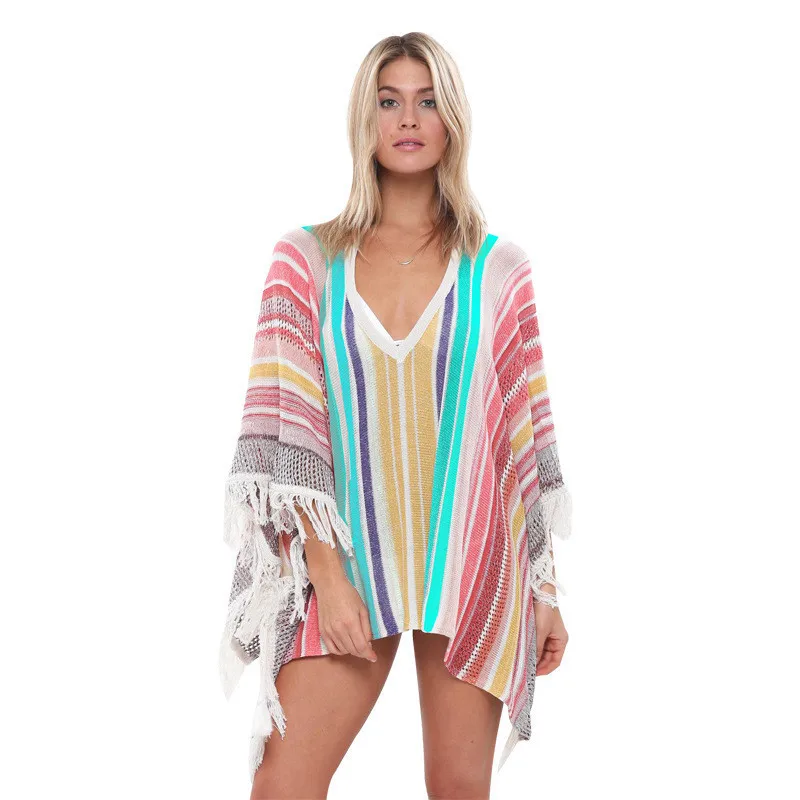 

2019 Fashion Women Colorful Striped Loose Cover-Ups Blouse Tassels Batwing Sleeve V-Neck Shirts Lady Swimwear Cover-ups