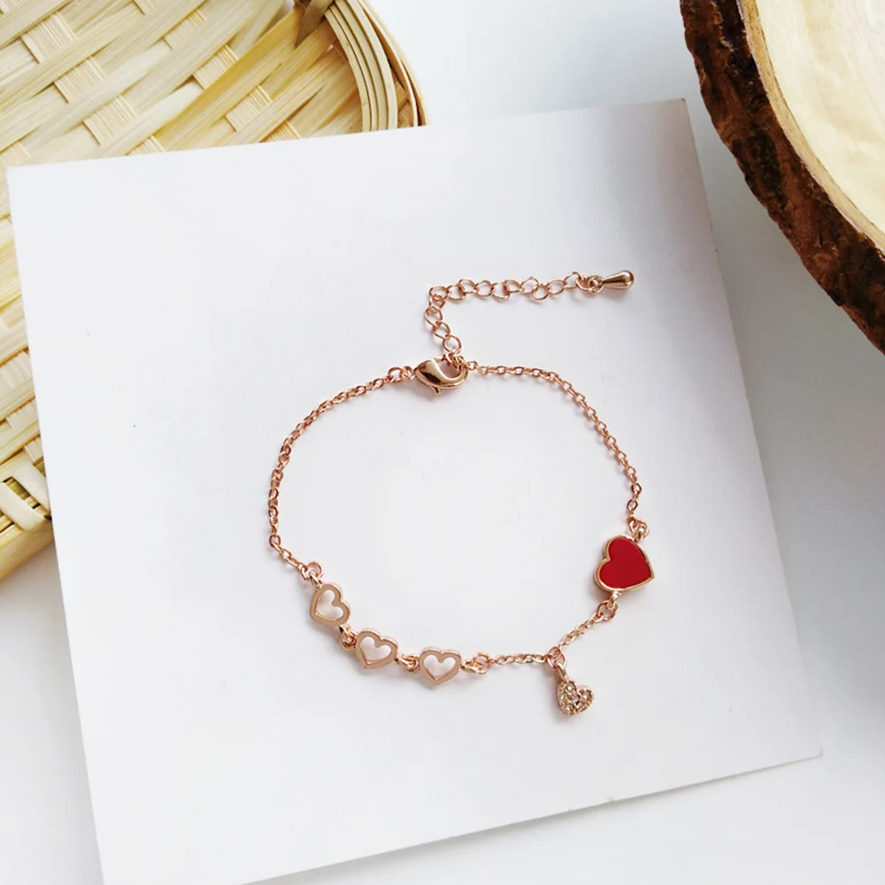 Women's Bracelets Red Love Rhinestones Bricelet Bangle Girl Heart Shaped Metal Chain Jewelry Accessories for Women