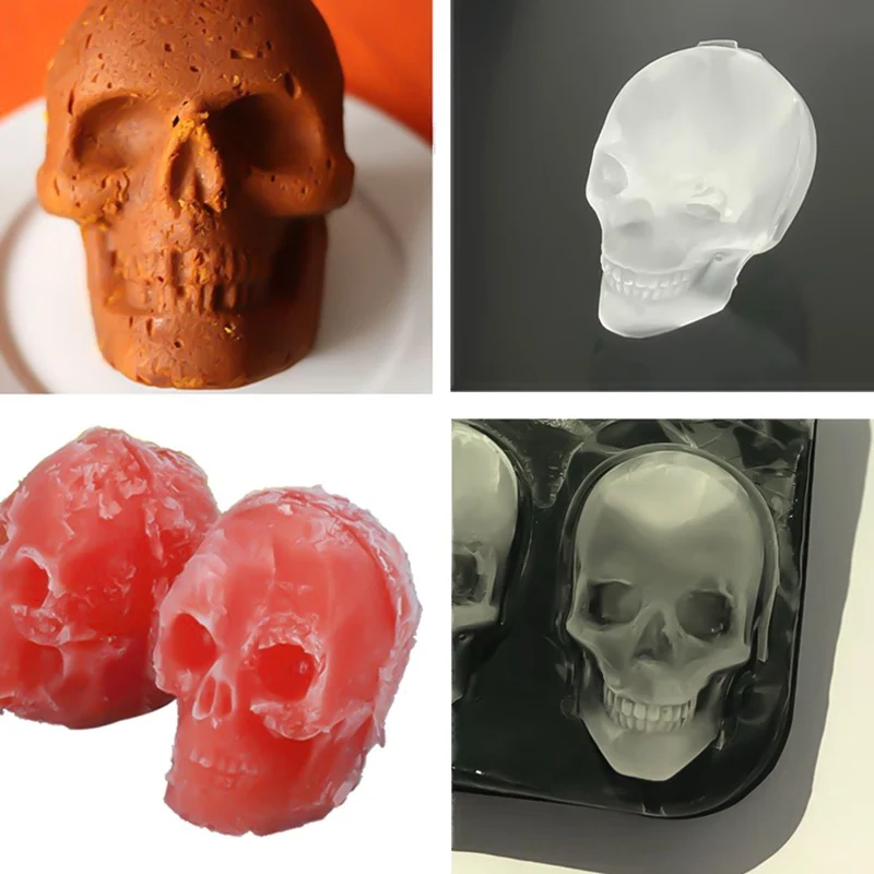 

1PC Hot Large Ice Cube Tray Pudding Mold 3D Skull Silicone Mold 4-Cavity DIY Ice Maker Household Use Kitchen Accessories
