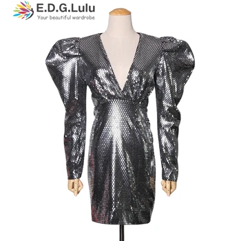 

EDGLuLu new arrival high quality vintage puff sleeve dress v neck party evening elegant luxury black sequins dress for woman