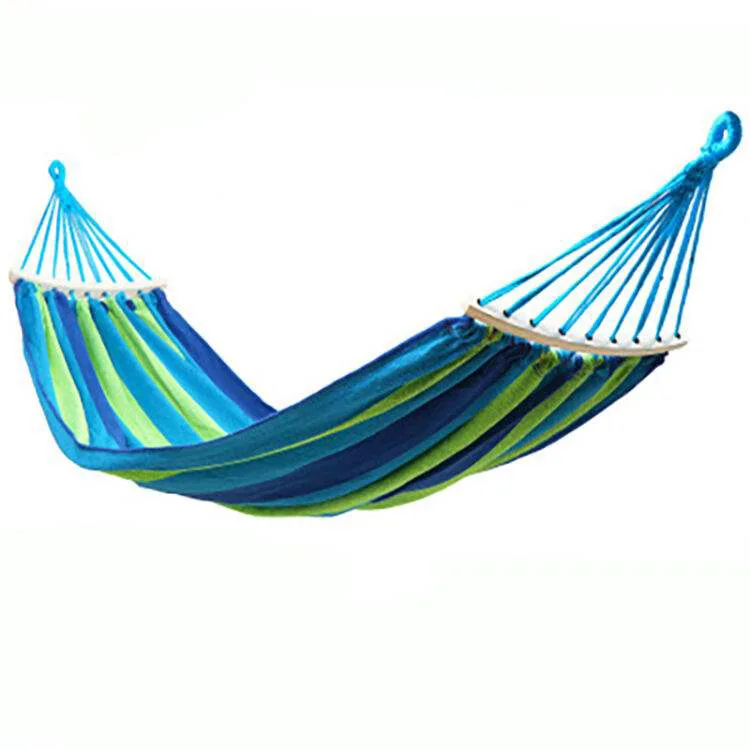 

Blue-Striped Bending Stick Single Person 280*80 Hammock Take Shape Customizable with Printed Logo Outdoor Thick Canvas Hammock