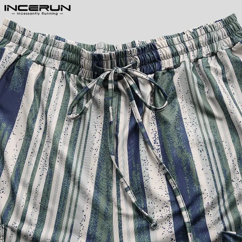 INCERUN, мужские полосатые штаны-шаровары, уличная одежда, на завязках, с карманами, брюки для бега, мужские мешковатые модные Гавайские повседневные штаны 3XL