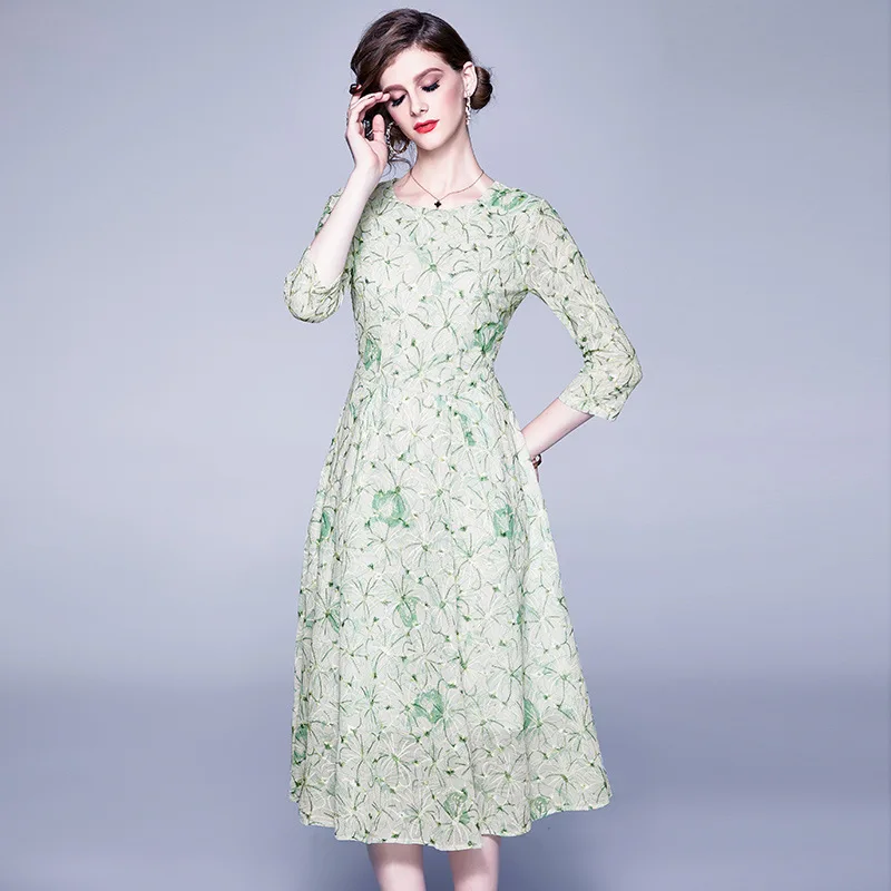 

Ozhouzhan 2020 Spring New Style Debutante High-End Chiffon Embroidery Crew Neck Three-quarter-length Sleeve Mid-length Dress