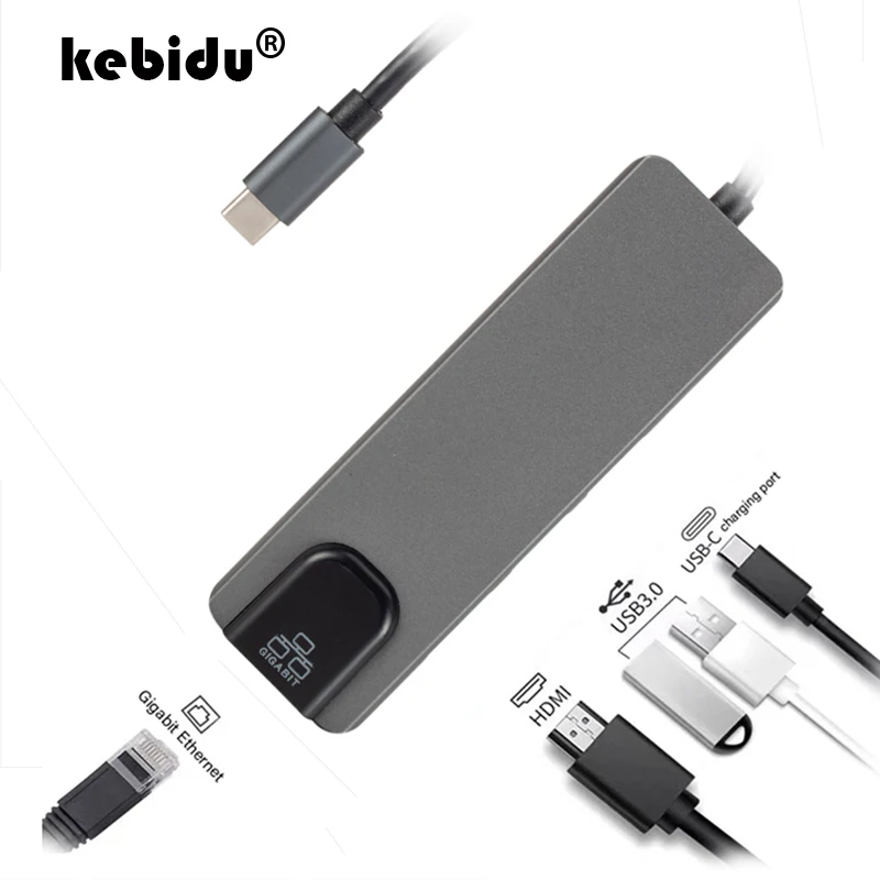 

kebidu USB Type C Hub HDMI 4K USB C Hub to Gigabit Ethernet Rj45 Lan Adapter High Speed 5 in 1 USB Type C Hub For MacBook