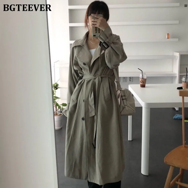 BGTEEVER корейский Тренч с отложным воротником, женские длинные свободные модные двубортные ветровки