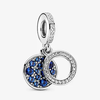 

2020 New Style 925 Sterling Silver Sparkling Blue Disc Double Dangle Charm Fit pandora Bracelet Pendant DIY Jewelry