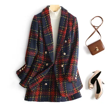 

Runway Designer Wool Plaid Two Piece Set Women Elegant Double-breasted Slim Blazer + Mini Skirt Two Piece Set For Autumn Winter