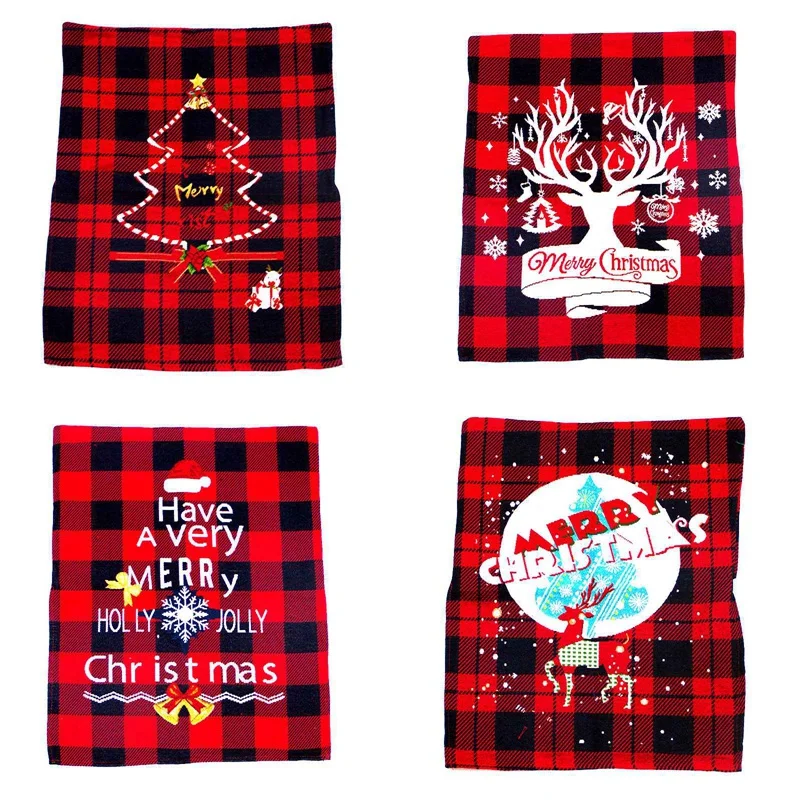 

4 Pcs Red and Black Plaid Christmas Tree Deer Head Snowflake Elk Chair Cover for Holiday Christmas Party Decorations