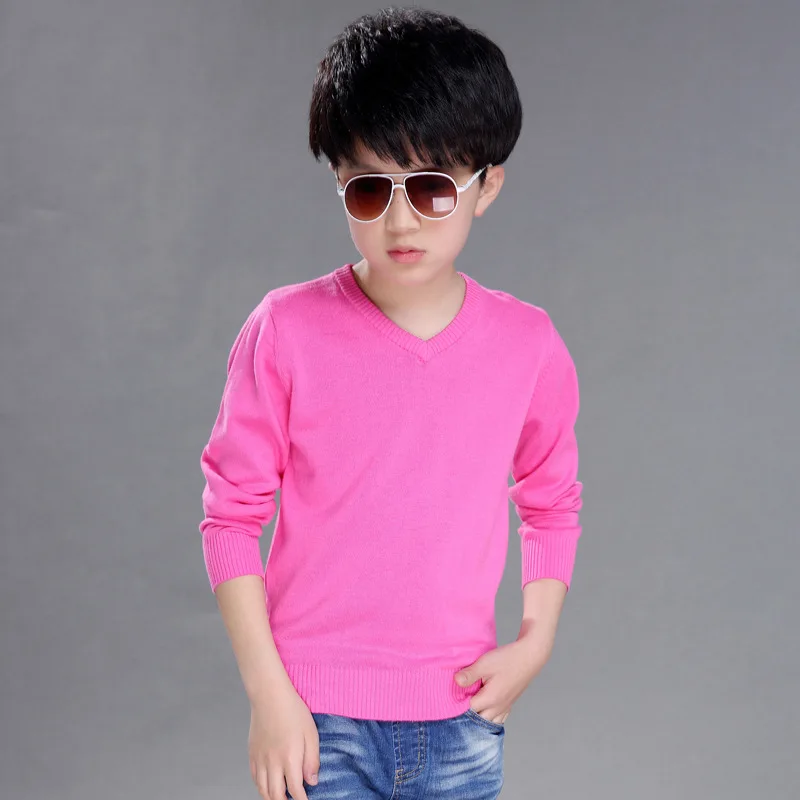 Boy Rose Red V-neck От 4 до 16 лет вязаные свитера для больших мальчиков Одноцветный о-образный вырез трикотаж одежда Детский модный свитер верхняя одежда для маленьких девочек - Цвет: Boy Rose Red V-neck